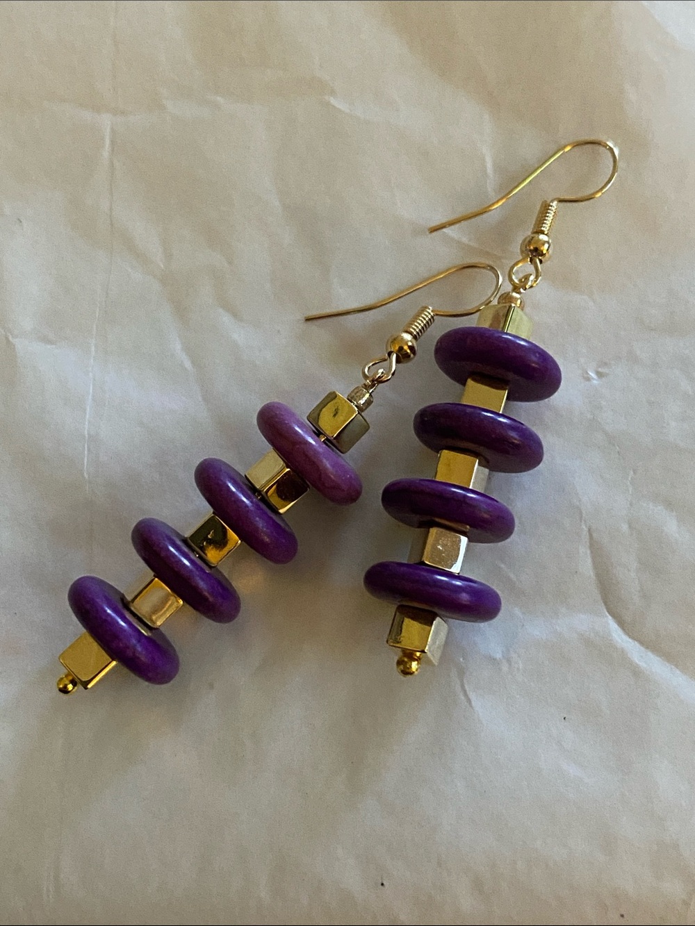 Gold Hook Earrings with Purple Bead Stack